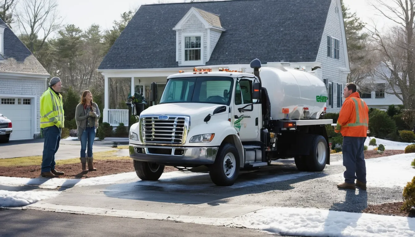 A homeowner talking with a septic provider beside a pumping truck outside a house in Buena